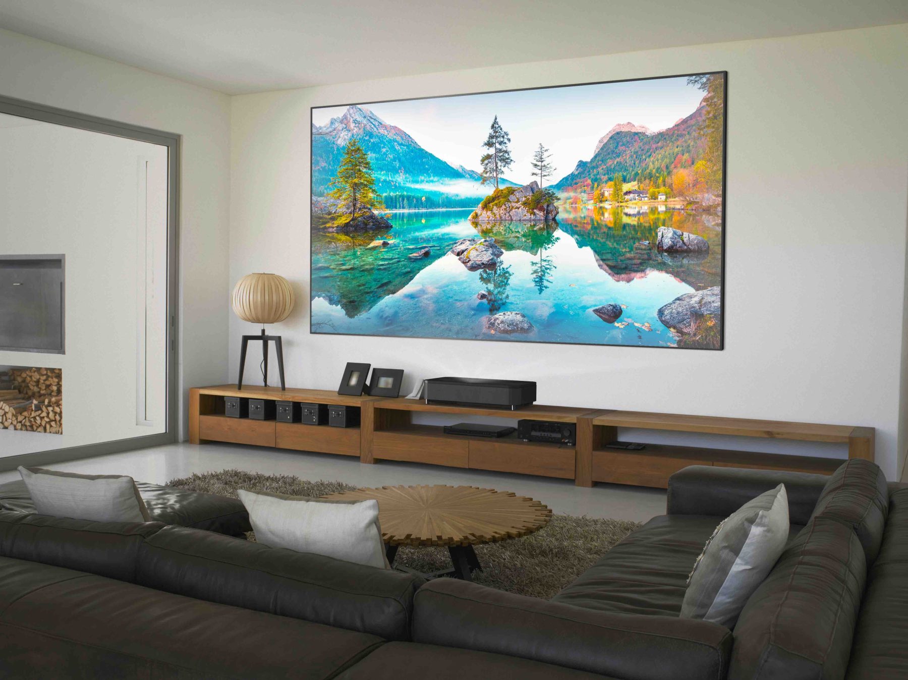Sofa and television in living room of modern home